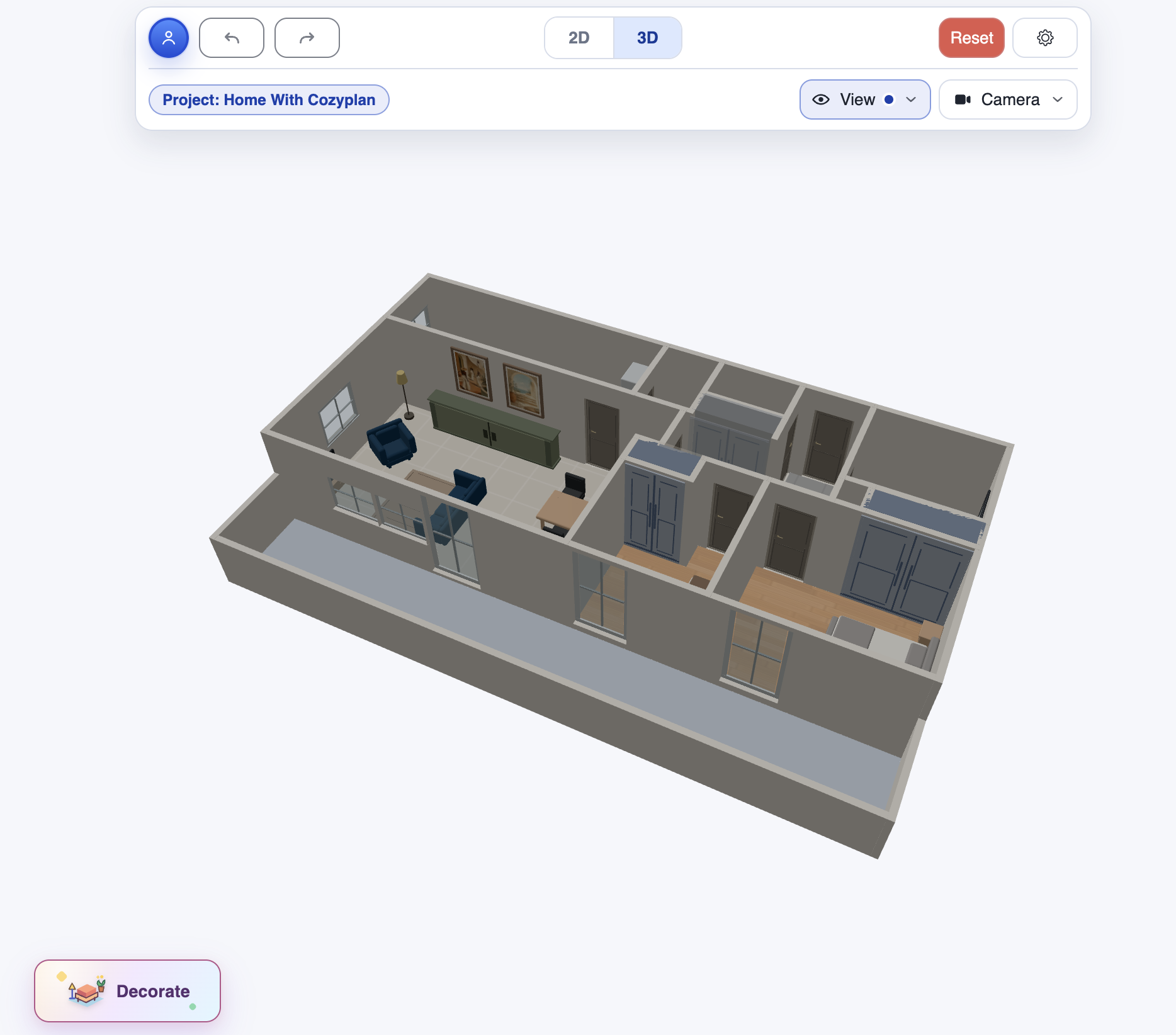 A furnished apartment shown with CozyPlan's responsive decoration tools on desktop and mobile.