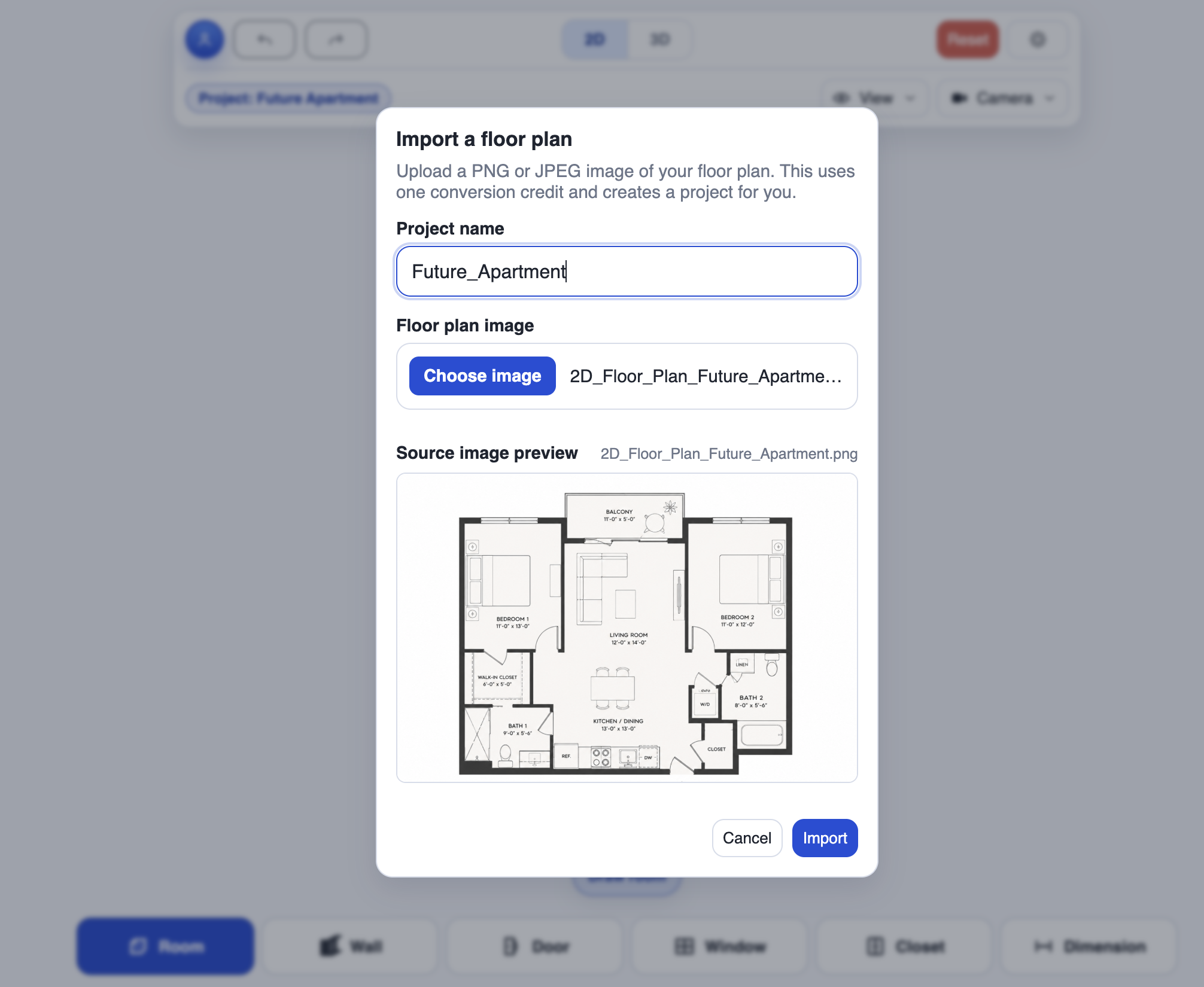 CozyPlan import dialog showing a selected 2D floor plan image before conversion.