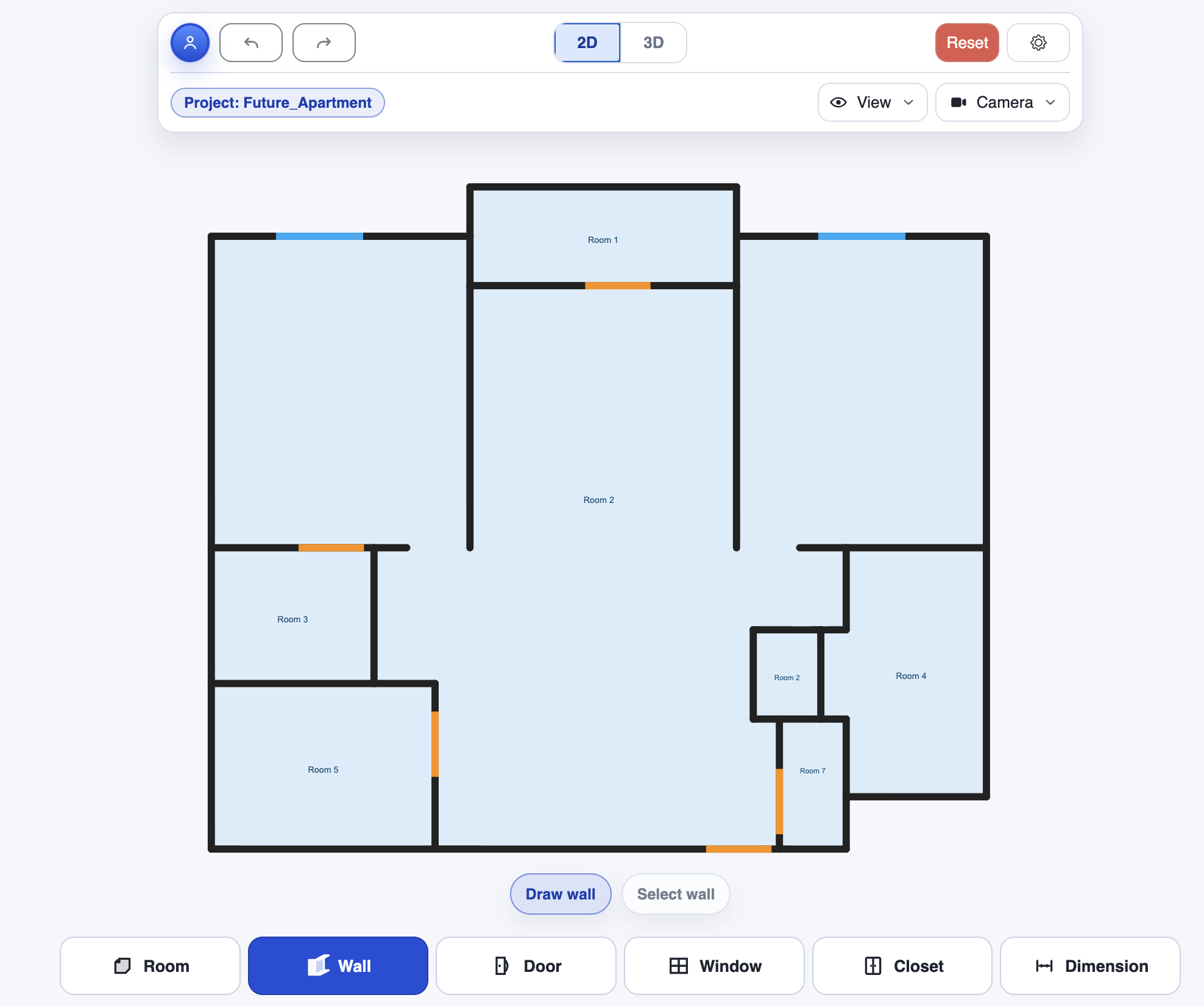 CozyPlan 2D editor after AI detection with detected rooms, walls, doors, and windows.