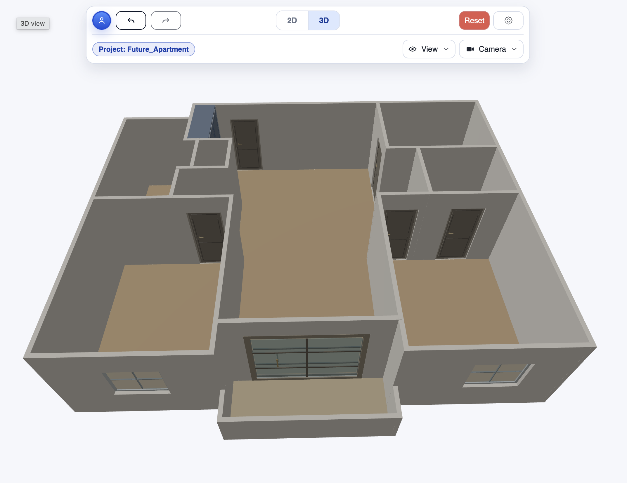 CozyPlan 3D preview of the corrected floor plan from the terrace angle.