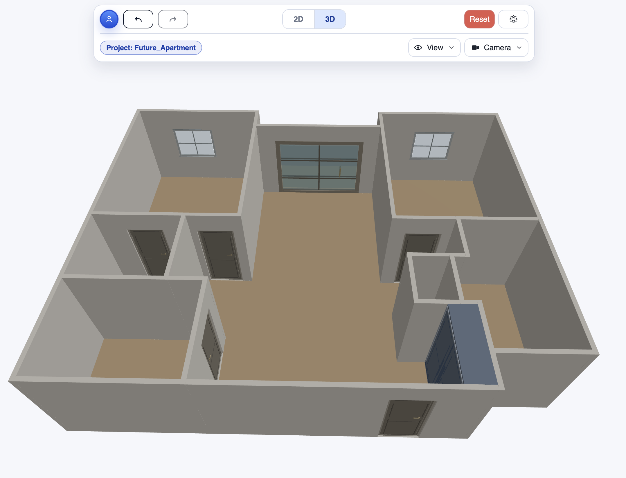 CozyPlan 3D preview of the corrected apartment plan from the entry door angle.